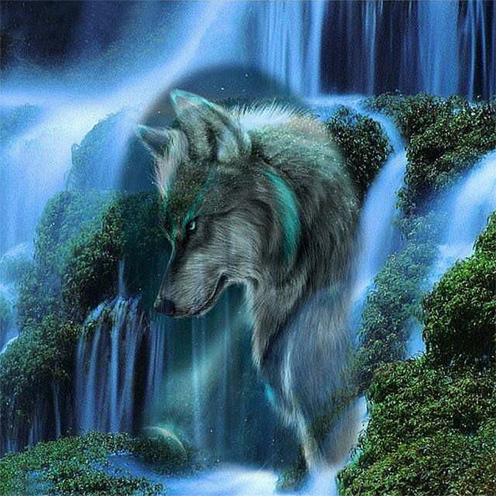 Diy Diamond Painting Wolf Waterfall Scenery